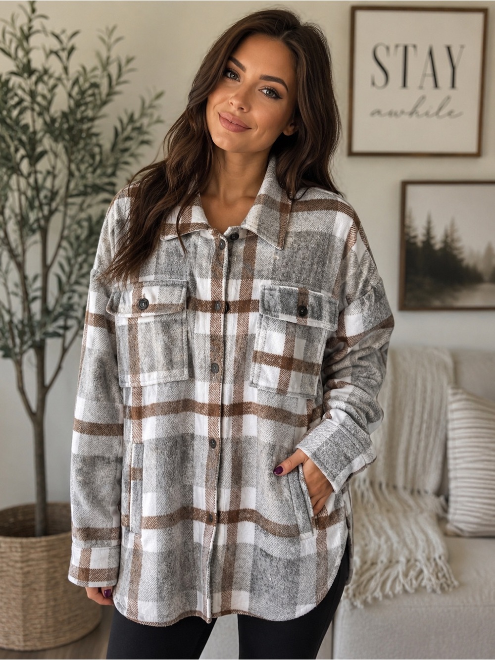 Flannel Shacket Gray Brown White Size XL